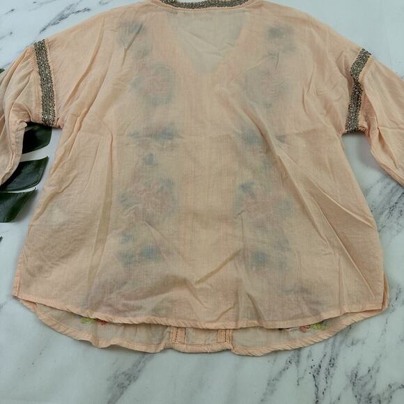 Soft Surroundings Embroidered Blouse Top Size M Orange Blue Beaded Boho Floral - Picture 13 of 13